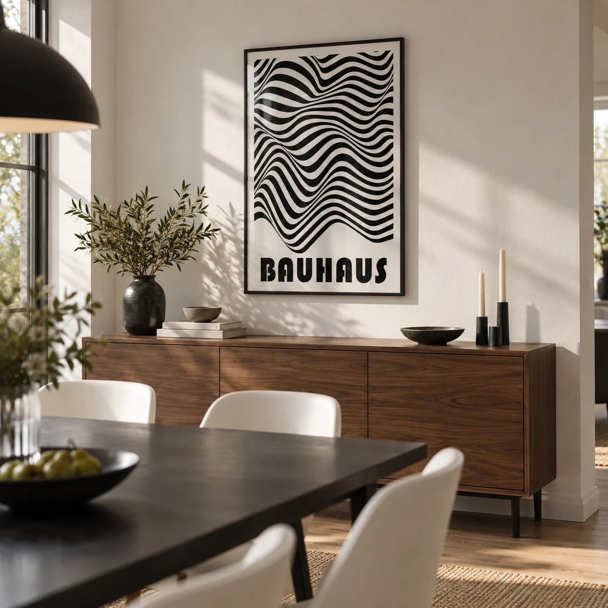 Graphic Art Print, framed on the wall of a modern dining room
