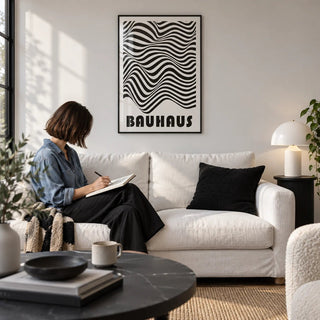 Graphic Art Print, framed on the wall of a modern monochrome living room