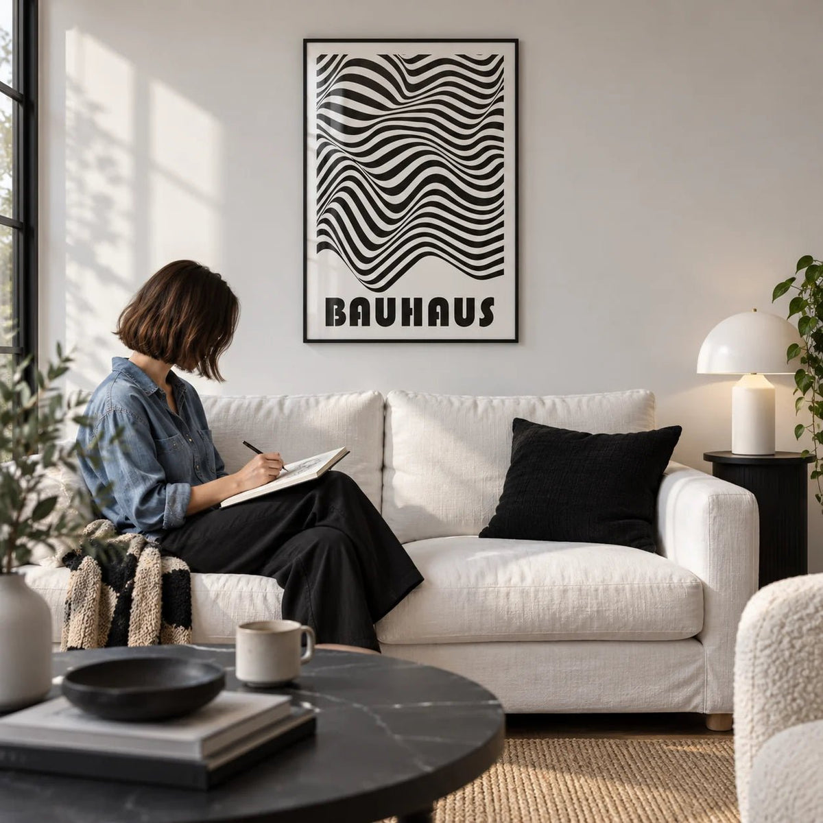 Graphic Art Print, framed on the wall of a modern monochrome living room