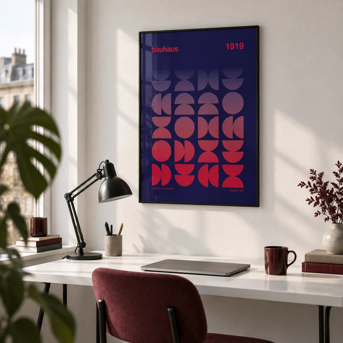 Graphic Design Poster, framed on the wall of a modern design studio in a city flat in a home office