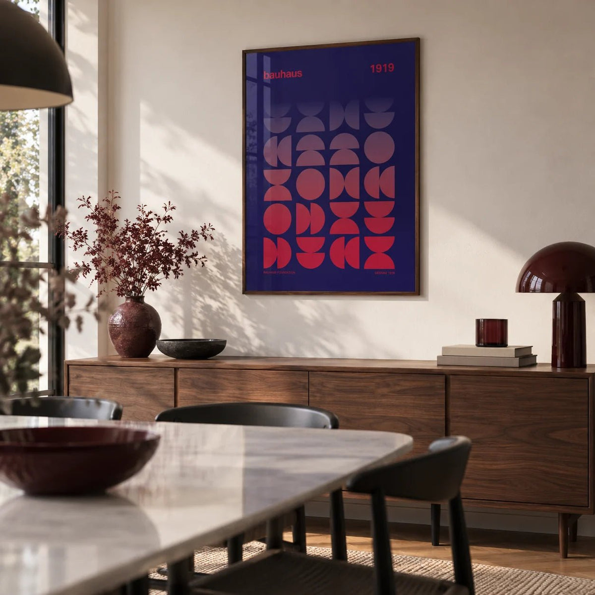 Graphic Design Poster, framed on the wall of a modern dining room