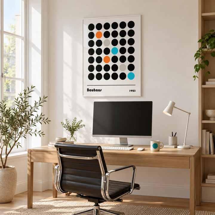Graphic Prints, framed on the wall of a bright home office in a spare room with a tall white window
