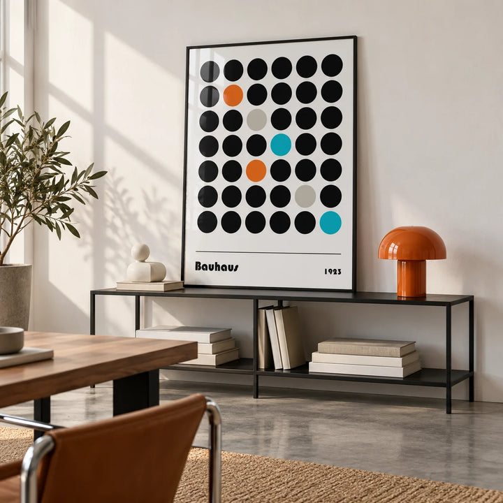 Graphic Prints, framed on the wall of a creative studio with a white wall and grey concrete floor in a home office