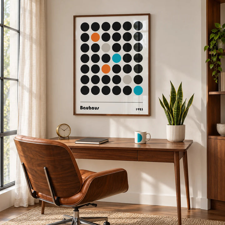 Graphic Prints, framed on the wall of a mid-century study by a tall window with a sheer curtain