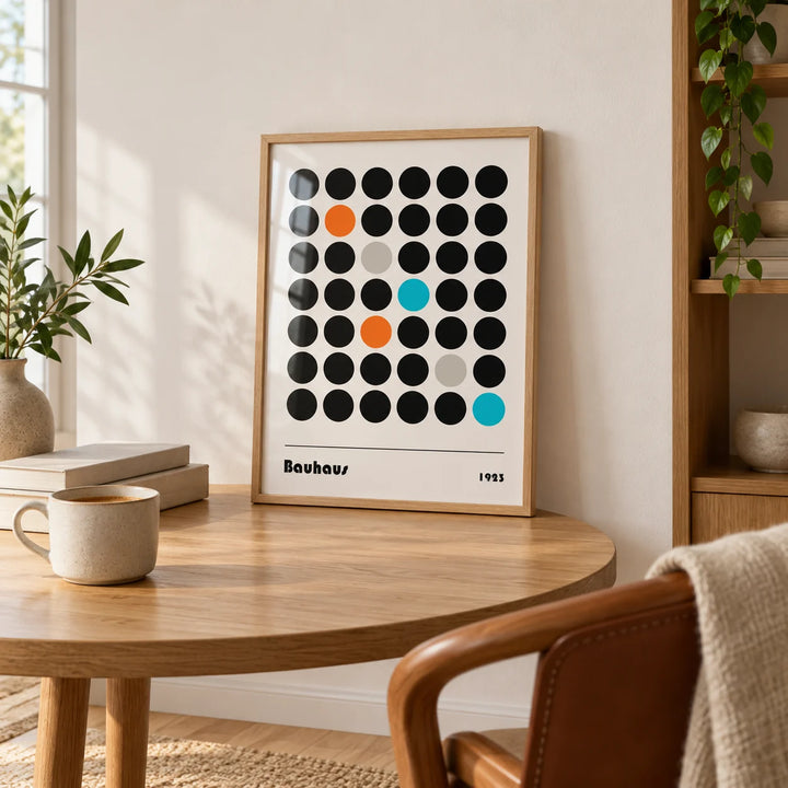 Graphic Prints, a small A4 framed print leaning on a round oak table