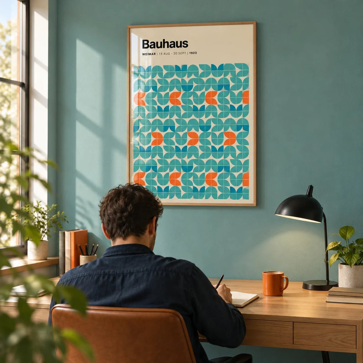 Graphic Wall Art, framed on the wall of a home office with a soft teal painted wall