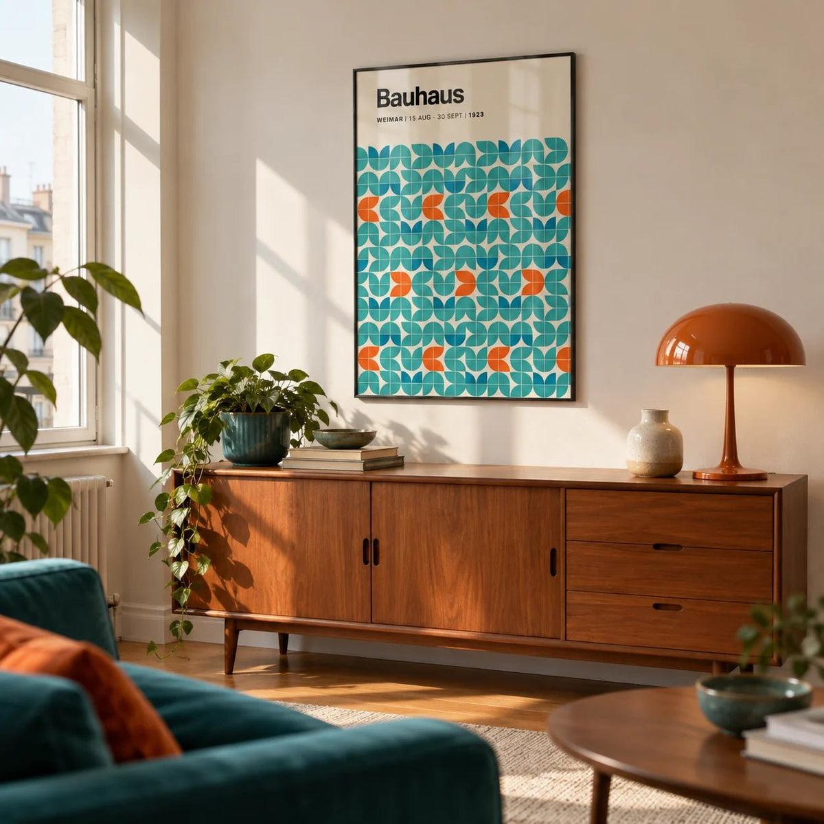 Graphic Wall Art, framed on the wall of a mid-century city-flat living room with a warm white wall