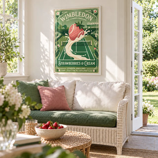 Grass Court Tennis Poster, framed on the wall of a bright garden room with a white wall and doors open to a lawn in a living room