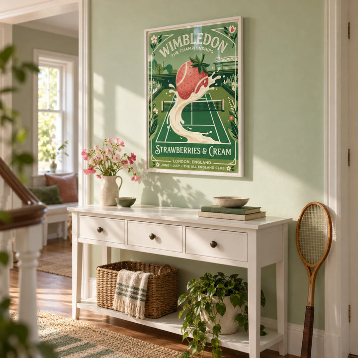 Grass Court Tennis Poster, framed on the wall of a bright hallway with a pale green wall