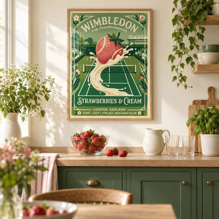 Grass Court Tennis Poster, framed on the wall of a bright summer kitchen with a cream wall and grass green painted cabinets