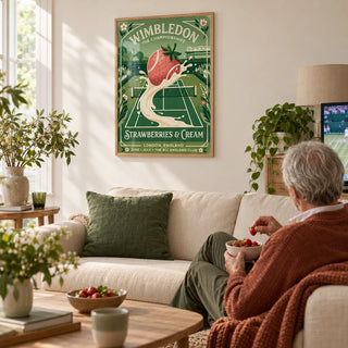Grass Court Tennis Poster, framed on the wall of a relaxed living room with a cream wall and a light oak floor