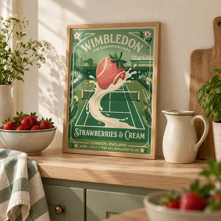 Grass Court Tennis Poster, a small A4 framed print leaning on a pale oak kitchen shelf