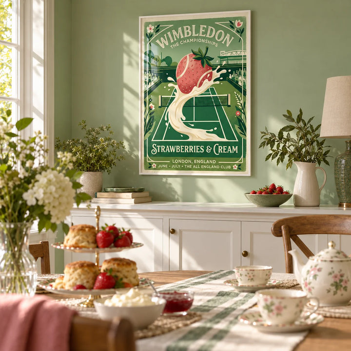 Grass Court Tennis Poster, framed on the wall of a sunny dining room with a soft green wall