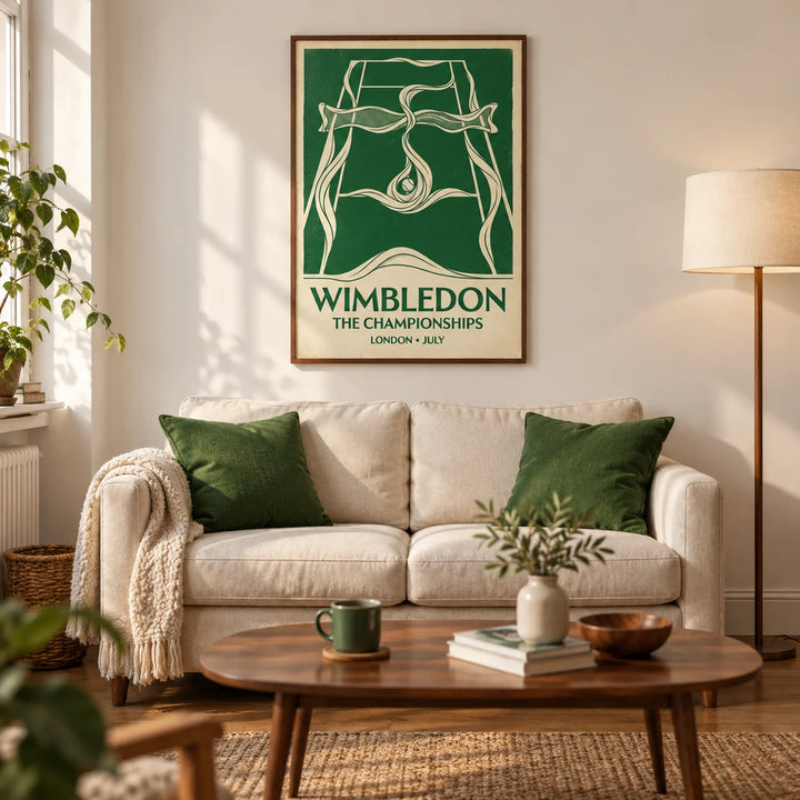 Grass Court Tennis Wall Art, framed on the wall of a characterful living room in a British first flat (22-28) with warm white walls and oak floorboards