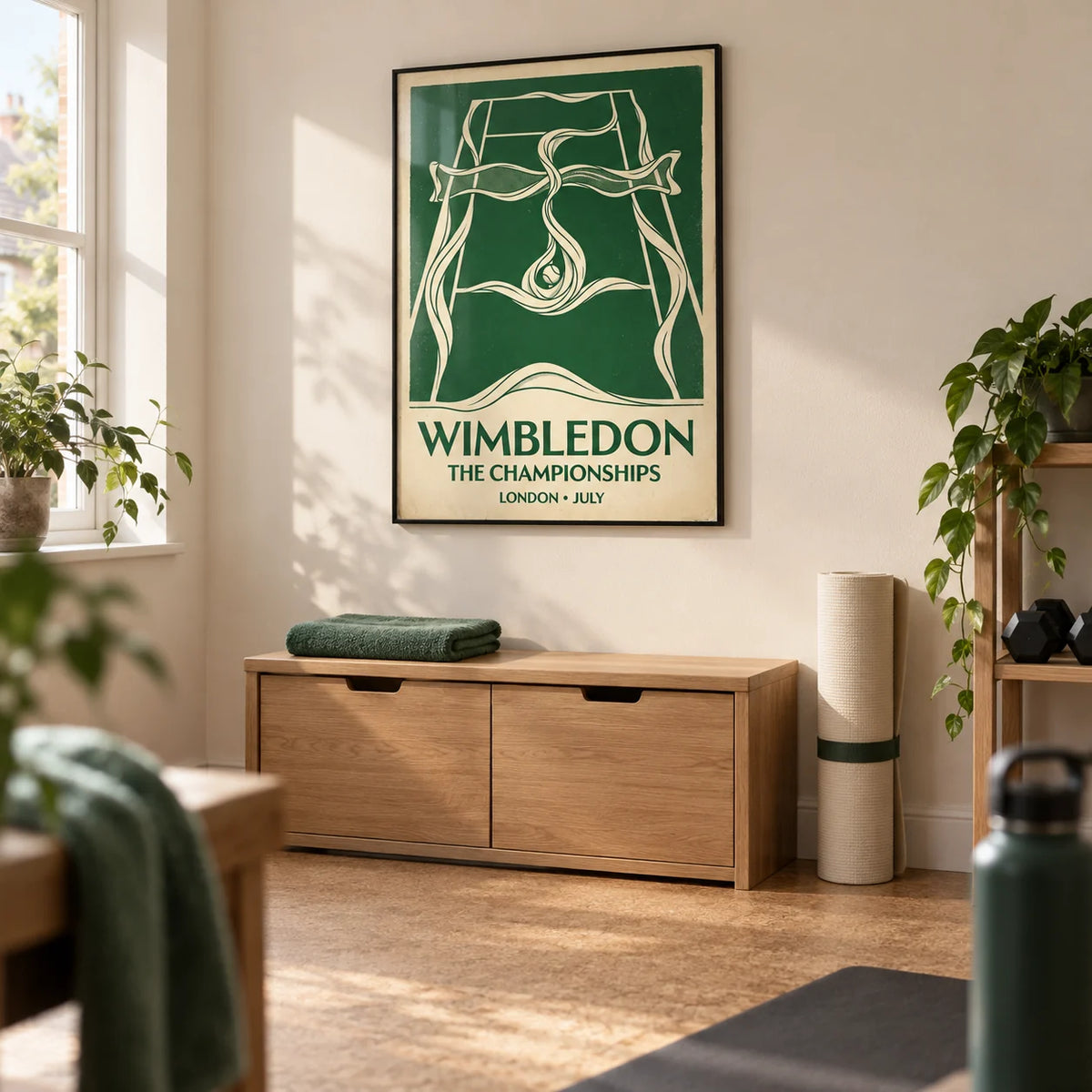 Grass Court Tennis Wall Art, framed on the wall of a compact home exercise room in a UK house with pale cream walls and a plain cork floor