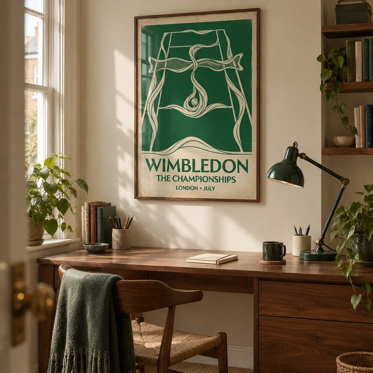 Grass Court Tennis Wall Art, framed on the wall of a quiet home study in a British terraced house with cream walls and a fitted walnut desk