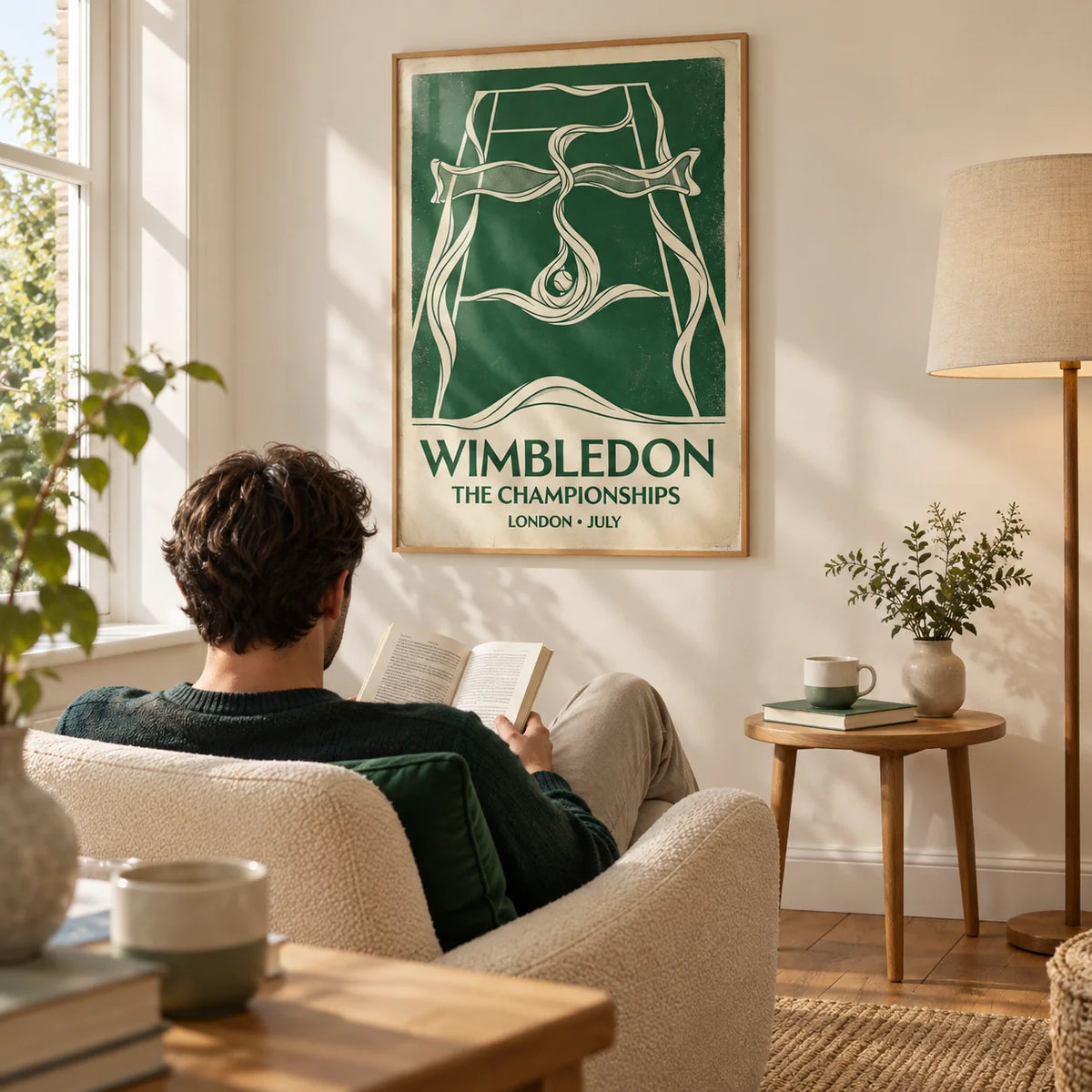 Grass Court Tennis Wall Art, framed on the wall of a relaxed reading corner in a British adult tennis fan's home with warm white walls and oak floorboards in a living room