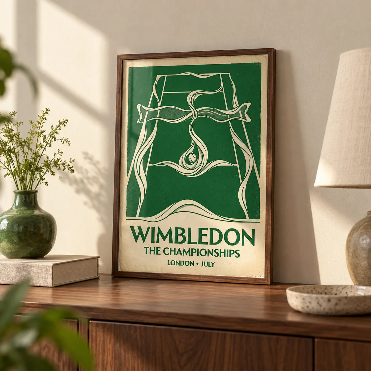 Grass Court Tennis Wall Art, a small A4 framed print leaning on a walnut side table in a hallway