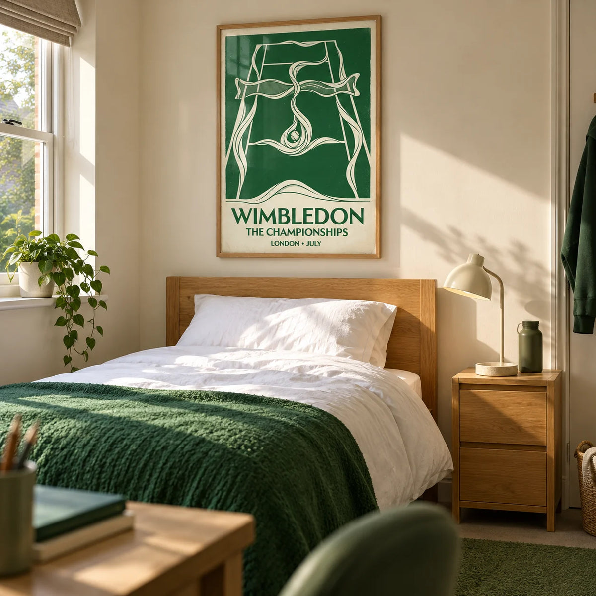 Grass Court Tennis Wall Art, framed on the wall of a tennis-loving older teenager's single bedroom (16-17) in a UK family home with a warm cream wall