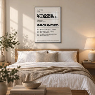 Gratitude Wall Art, framed on the wall of a calm bedroom