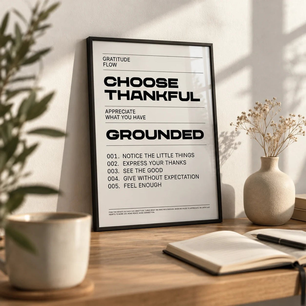 Gratitude Wall Art, a small A4 framed print leaning on an oak shelf in a living room