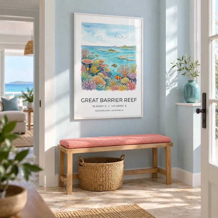 Great Barrier Reef Art Print, framed on the wall of a bright entrance hallway in a seaside flat with pale blue painted walls and a natural stone floor