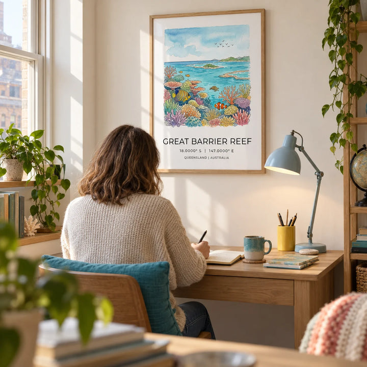 Great Barrier Reef Art Print, framed on the wall of a quiet study corner in a UK flat for a travel-loving adult (30-45)