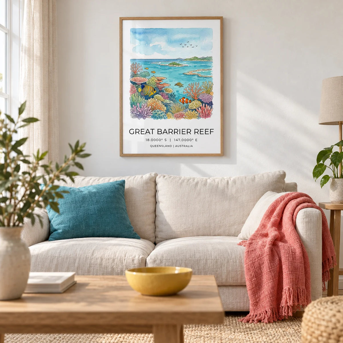 Great Barrier Reef Art Print, framed on the wall of a relaxed coastal living room in a UK terraced house with chalk white plaster walls
