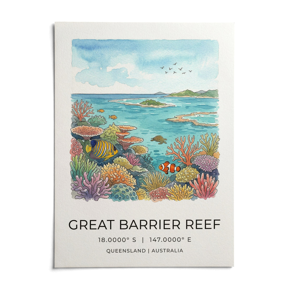 Great Barrier Reef Art Print, shown as an unframed paper print on a plain white background