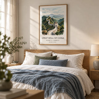 Great Wall Of China Art Print, framed on the wall of a calm bedroom
