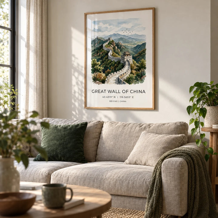 Great Wall Of China Art Print, framed on the wall of a calm living room