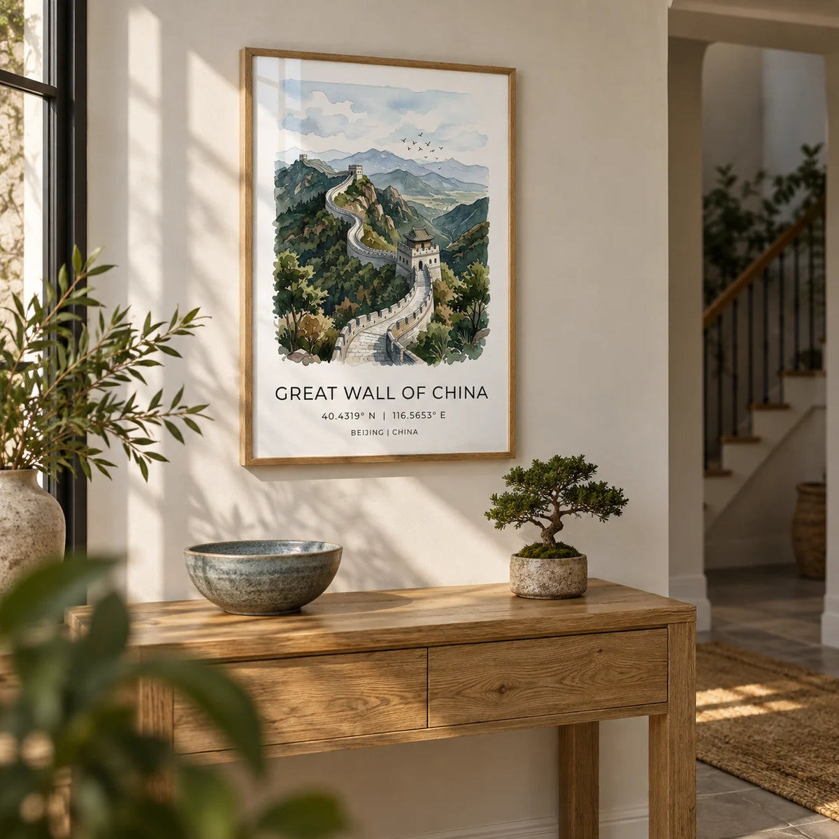 Great Wall Of China Art Print, framed on the wall of a characterful hallway