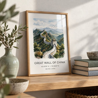 Great Wall Of China Art Print, a small A4 framed print leaning on an oak shelf in a living room