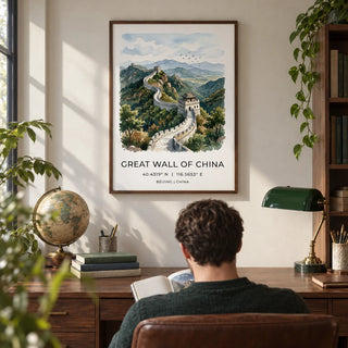 Great Wall Of China Art Print, framed on the wall of a traveller's study