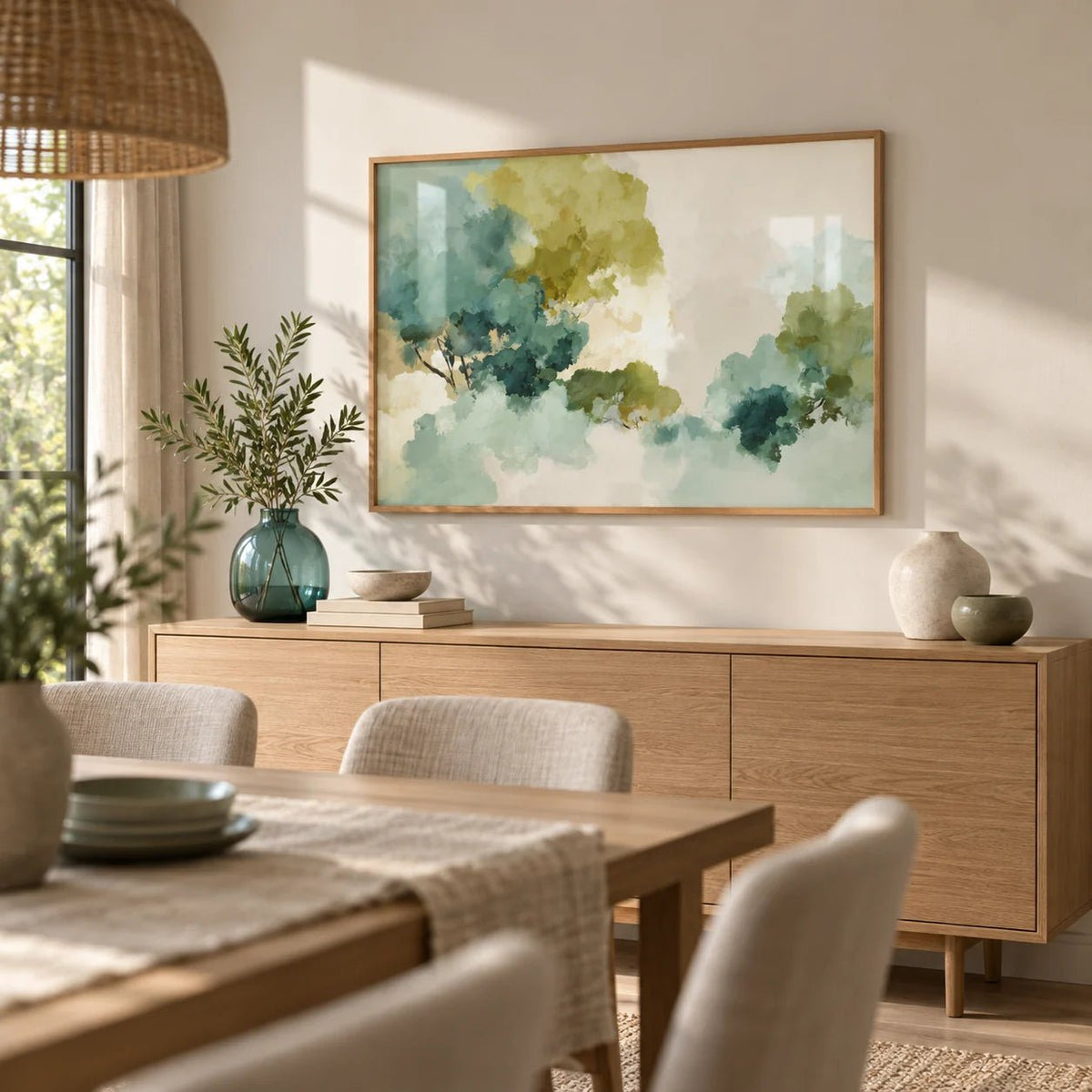 Green Abstract Art, framed on the wall of a calm dining room