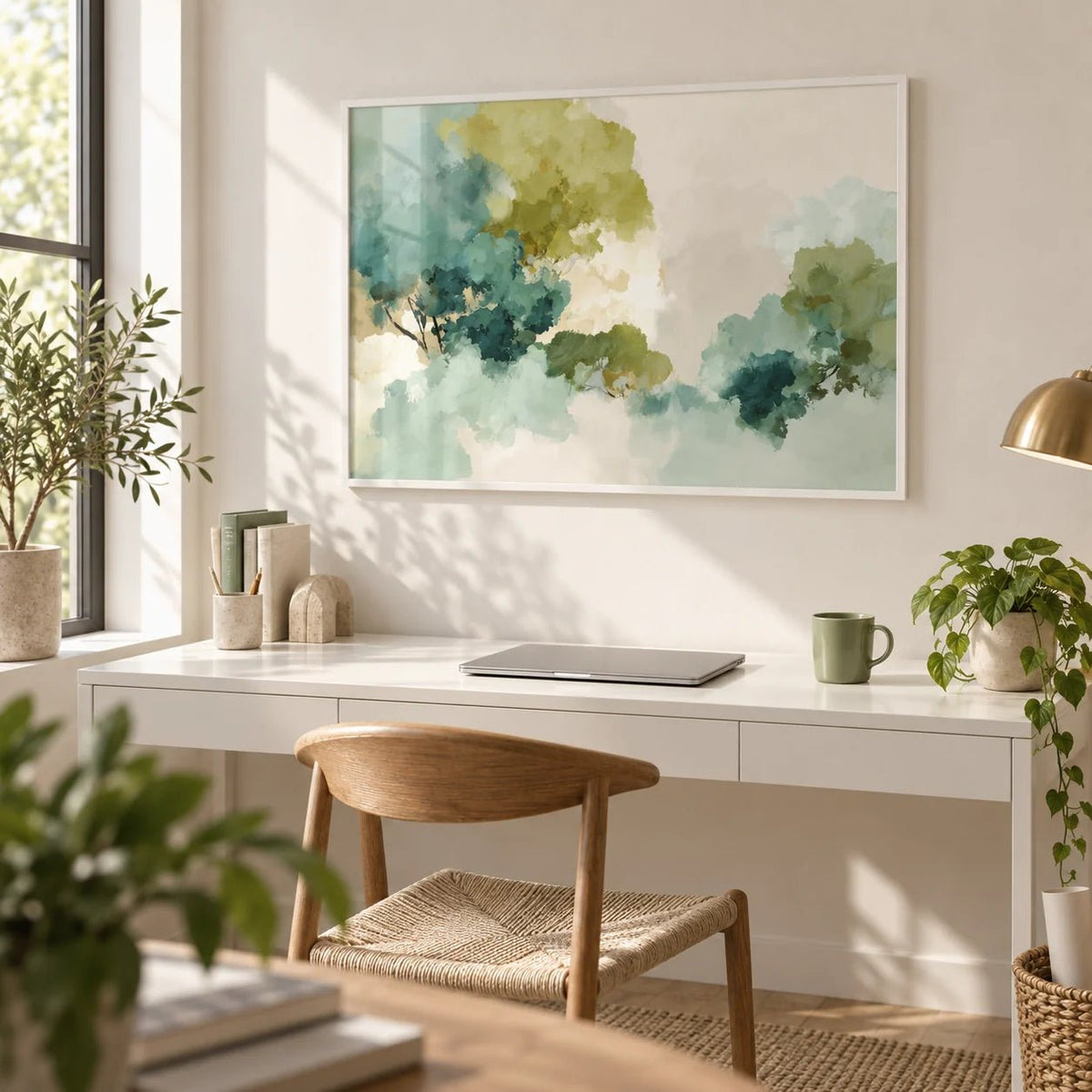 Green Abstract Art, framed on the wall of a light home office