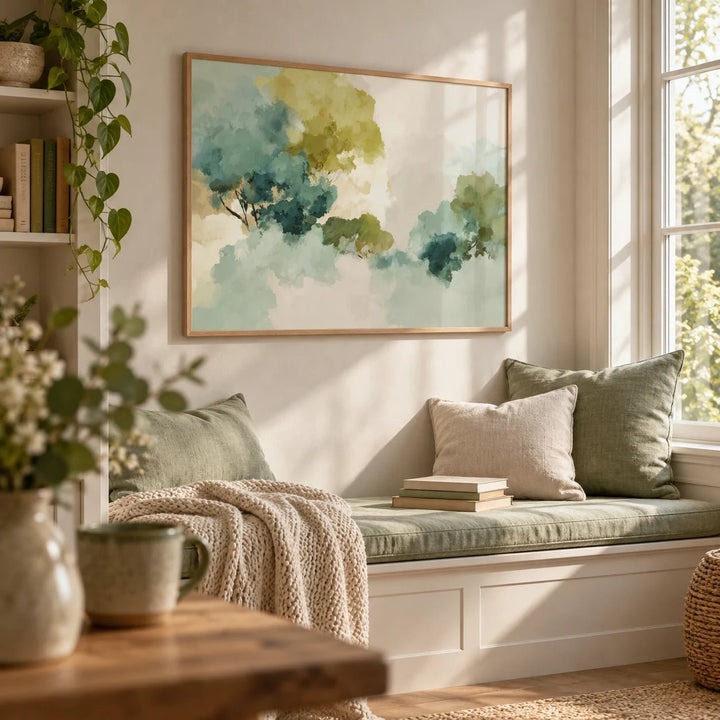 Green Abstract Art, framed on the wall of a reading nook by a window in a living room