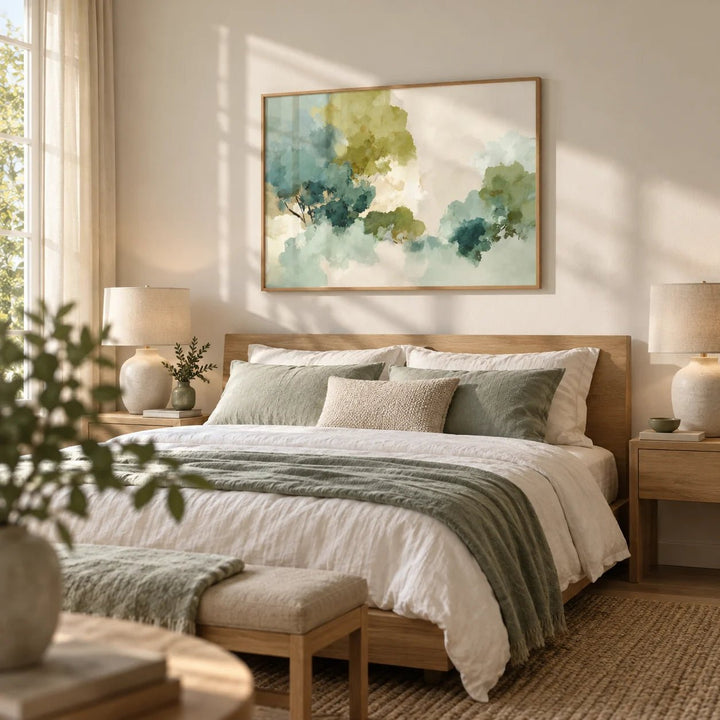 Green Abstract Art, framed on the wall of a serene bedroom