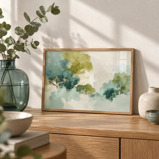 Green Abstract Art, a small A4 framed print leaning on an oak sideboard in a living room