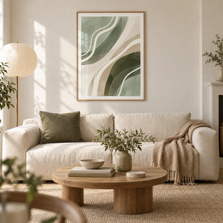 Green Abstract Print, framed on the wall of a calm contemporary living room in a UK terraced home with warm white plaster walls and an oak floor