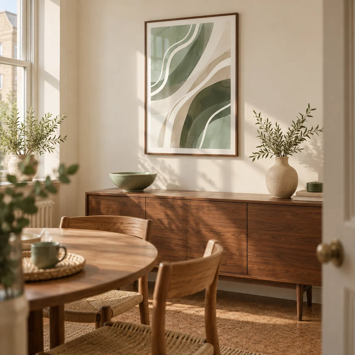 Green Abstract Print, framed on the wall of a compact modern dining room in a UK flat with warm cream walls and a cork floor