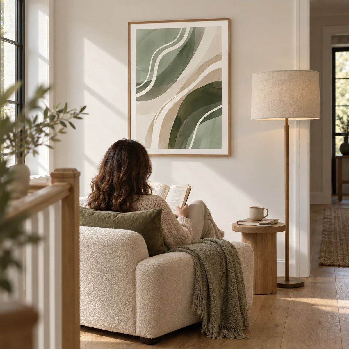 Green Abstract Print, framed on the wall of a quiet reading corner on a wide landing with an off-white wall and oak floorboards in a living room