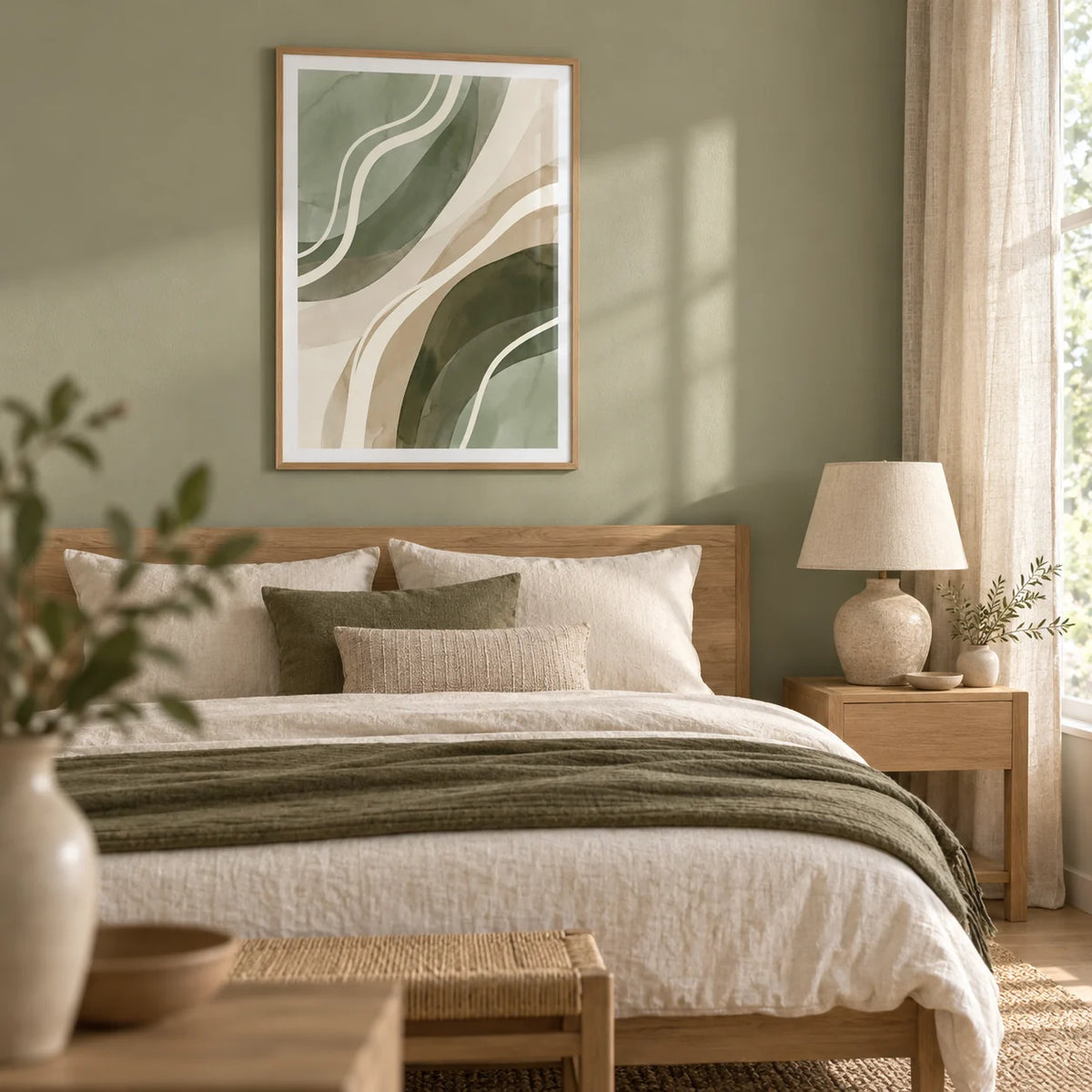Green Abstract Print, framed on the wall of a restful Japandi bedroom with a pale sage wall and natural linen curtains