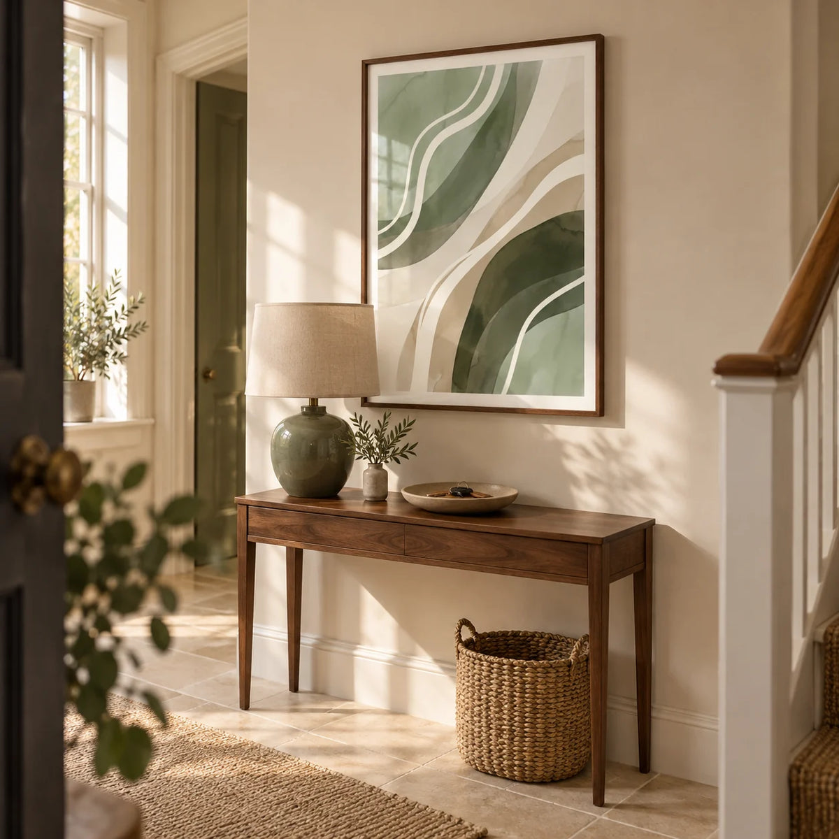 Green Abstract Print, framed on the wall of a welcoming hallway in a modest UK townhouse with warm cream walls and pale stone floor tiles