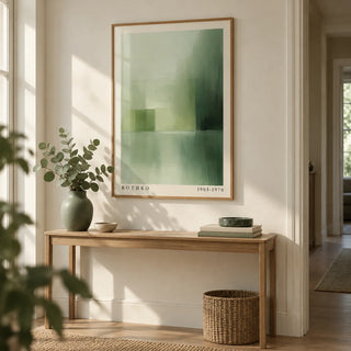 Green Abstract Wall Art, framed on the wall of a calm hallway with a cream wall