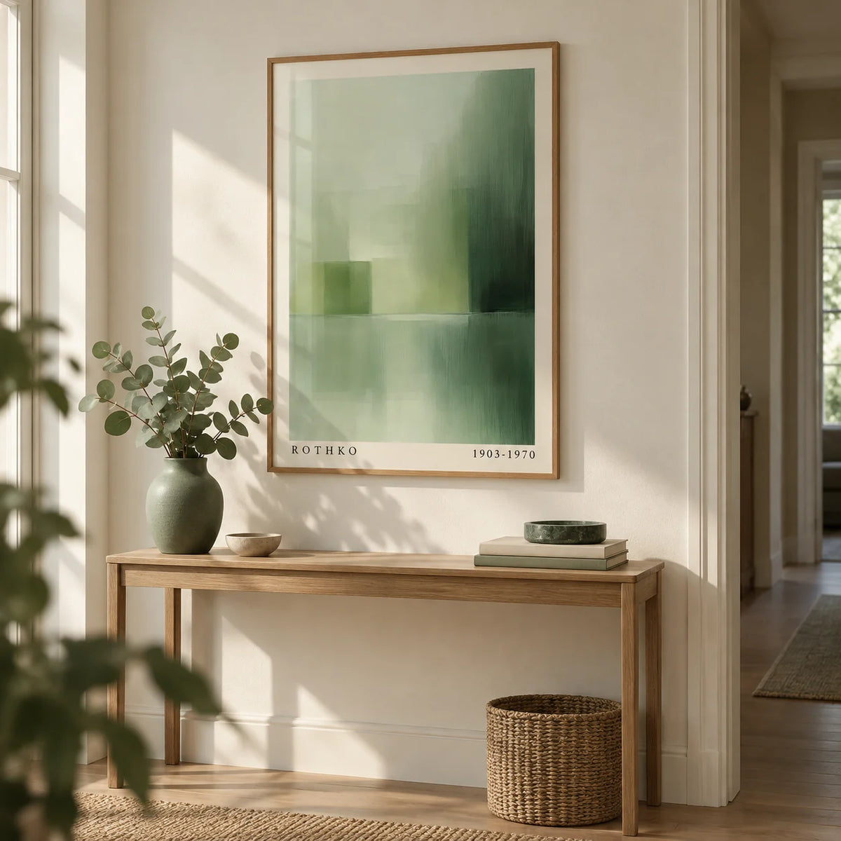 Green Abstract Wall Art, framed on the wall of a calm hallway with a cream wall