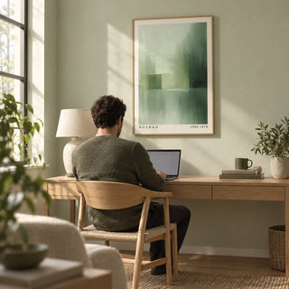 Green Abstract Wall Art, framed on the wall of a calm home office with a pale sage wall