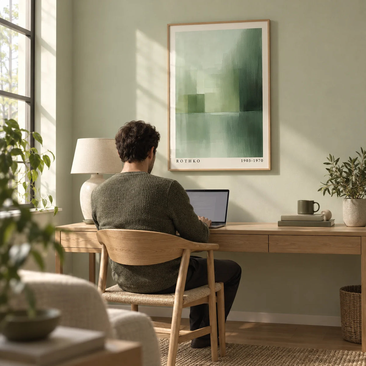 Green Abstract Wall Art, framed on the wall of a calm home office with a pale sage wall