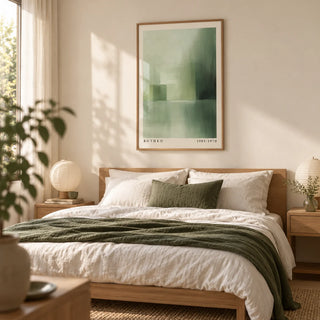 Green Abstract Wall Art, framed on the wall of a serene bedroom with a soft cream wall