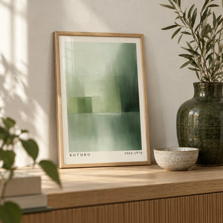 Green Abstract Wall Art, a small A4 framed print leaning on a pale oak shelf in a living room